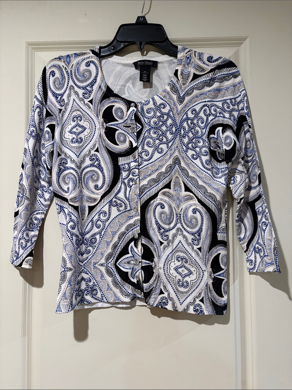 Karen Scott Navy, White & Cream Paisley-Print Button Cardigan